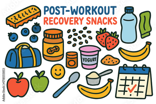 Post-Workout Snack Icons. Colorful Hand-drawn doodle Children illustration Post-Workout Recovery Snacks granola bar, peanut butter, blueberries, yogurt cup,