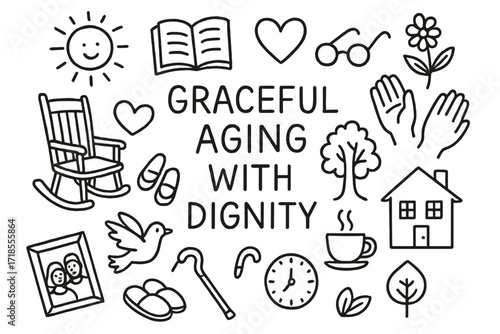 Graceful Aging Icons. Hand-drawn doodle illustration graceful aging with dignity rocking chair, book, heart, sun, glasses, cane, slippers, dove, flower, hands,