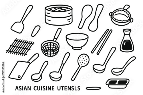 Asian Cuisine Utensils. Hand-drawn doodle illustration [Asian cuisine utensils] [wok spatula, bamboo steamer, rice paddle, dumpling press, sushi mat, noodle