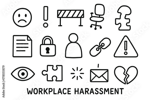 Workplace Harassment Icons. Hand-drawn doodle illustration Workplace harassment sad face, exclamation mark, barrier, speech bubble, office chair, document,
