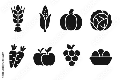 Peasant Crop Icon Set. Solid, filled icon set of peasant crops and produce: wheat sheaf, corn stalk, pumpkin, cabbage, carrots, apples, grapes, basket of eggs.