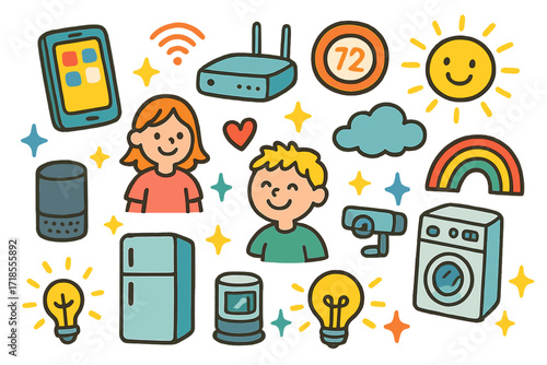 Smart Living Doodle Icons. Colorful Hand-drawn doodle Children illustration Everyday Smart Living smartphone, tablet, smart speaker, wifi router, thermostat,