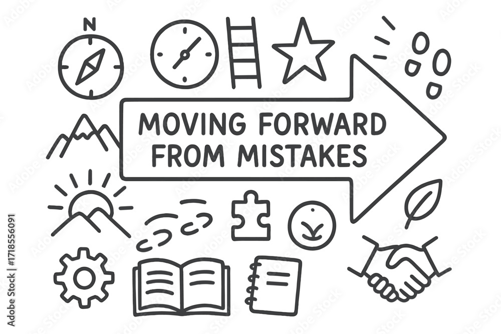 Fototapeta premium Path to Success. Hand-drawn doodle illustration Moving forward from mistakes arrow, compass, clock, ladder, star, mountain, sunrise, footprints, gear, open