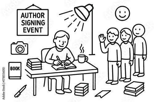 Author Signing Event. Hand-drawn doodle illustration Author signing event autograph book, pen, stage, author icon, line of people, camera, bookmark, book