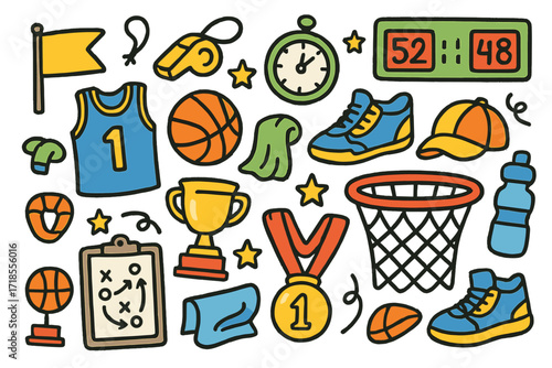 Basketball Doodle Icons. Basketball. Colorful Hand-drawn doodle Children illustration Basketball basketball, hoop, sneakers, jersey, whistle, scoreboard,