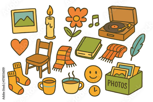 Nostalgic Doodle Icons. Colorful Hand-drawn doodle Children illustration Nostalgia faded photo, candle, record player, heart, flower, note, old chair, book,