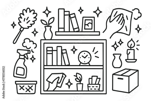 Bookshelf Cleaning Doodle. Hand-drawn doodle illustration Cleaning bookshelf [books, shelf, feather duster, spray bottle, cloth, sparkle, star, dust cloud,