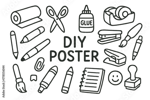 DIY Craft Tools. Hand-drawn doodle illustration DIY poster craft [paper roll, scissors, glue bottle, tape dispenser, pencil, marker, stapler, ruler, brush,