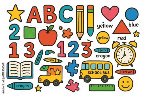 Educational Kids Doodle. Colorful Hand-drawn doodle Children illustration Educational rug ABC letters, numbers, geometric shapes, colors, books, apples,