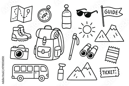 Excursion Essentials Icons. Hand-drawn doodle illustration excursion backpack, map, compass, hiking boots, camera, sunglasses, water bottle, bus, guide flag,