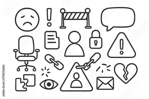 Workplace Harassment Icons. Hand-drawn doodle illustration Workplace harassment sad face, exclamation mark, barrier, speech bubble, office chair, document,