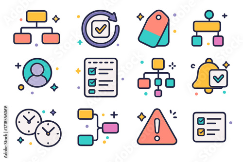 Task Management Icons. Colorful isometric vector icons set of task management clarity: task breakdown structure, recurring task icon, color-coded tag, assigned
