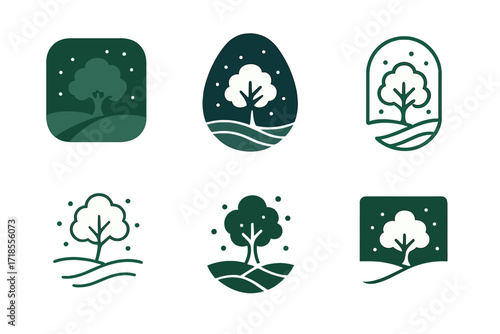 Firefly Logo Variations. Shifting landscapes fireflies. Set Logo of Shifting landscapes fireflies: fireflies surrounding lone tree. harmonious logo variations