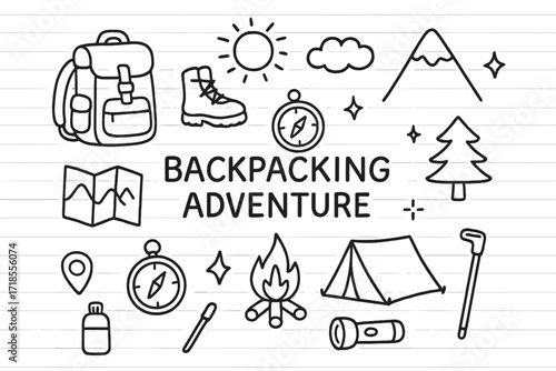 Backpacking Adventure Icons. Hand-drawn doodle illustration Backpacking Adventure [backpack, hiking boots, map, compass, tent, campfire, mountain, sun, cloud,
