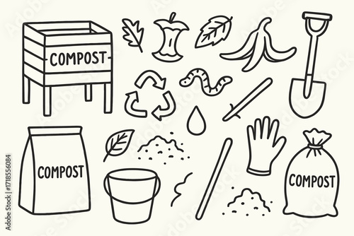 Composting Essentials Doodle. Hand-drawn doodle illustration Composting compost bin, food scraps, leaves, worms, apple core, banana peel, shovel, bucket,