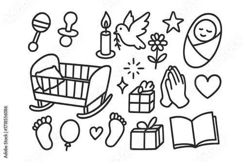 Birth Celebration Symbols. Hand-drawn doodle illustration Birth customs baby cradle, rattle, pacifier, blanket, candle, flower, dove, star, spark, prayer