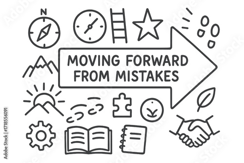 Path to Success. Hand-drawn doodle illustration Moving forward from mistakes arrow, compass, clock, ladder, star, mountain, sunrise, footprints, gear, open