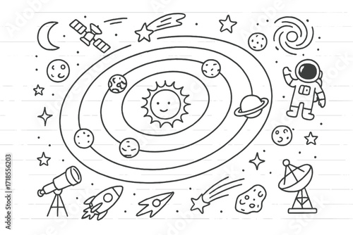 Astronomical Doodle Icons. Planetary Orbits. Hand-drawn doodle illustration planetary orbits sun, planets, moon, orbit lines, comet, asteroid, telescope,