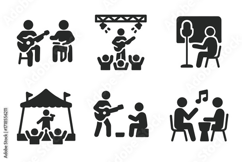 Improvisation Icon Set. Solid, filled icon set of improvisation performance settings: jam session, live concert, studio recording, music festival, street