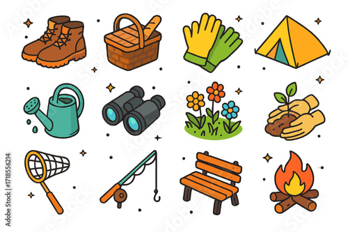 Nature Activity Icons. Nature Activities. Colorful isometric vector icons set of nature activities: hiking boots, picnic basket, gardening gloves, camping