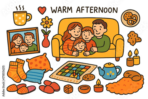 Cozy Family Afternoon. Colorful Hand-drawn doodle Children illustration [warm afternoon with family] [family photo, sofa, hot cocoa, board game, warm socks,