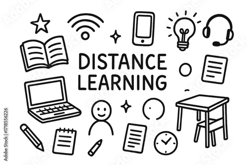 Distance Learning Icons. Hand-drawn doodle illustration Distance learning [laptop, book, desk, chair, wifi symbol, smartphone, notepad, pencil, clock, light