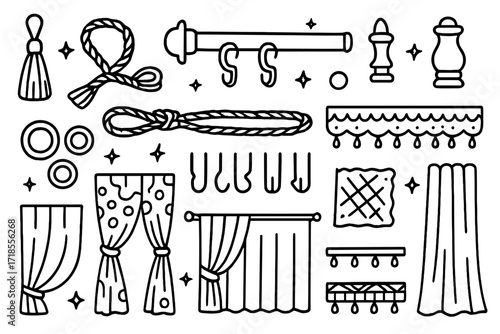 Curtain Accessories Doodles. Hand-drawn doodle illustration Curtain accessories tassel, tiebacks, curtain rod, grommets, hooks, rings, finials, folds, rope,