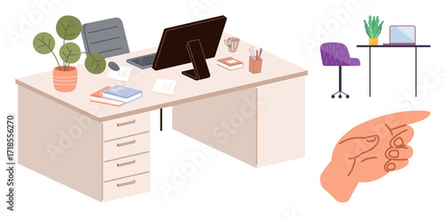 Desk setup with computer, office supplies, and potted plant, complemented by a side table with laptop and plant. Hand gesture highlights decision-making. Ideal for work, organization, focus