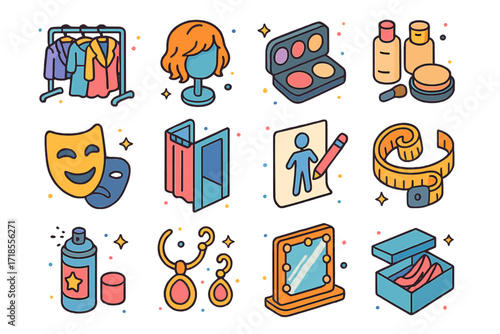 Costume & Makeup Icons. Colorful isometric vector icons set of Costume and makeup department: clothes rack with outfits, wig on stand, makeup