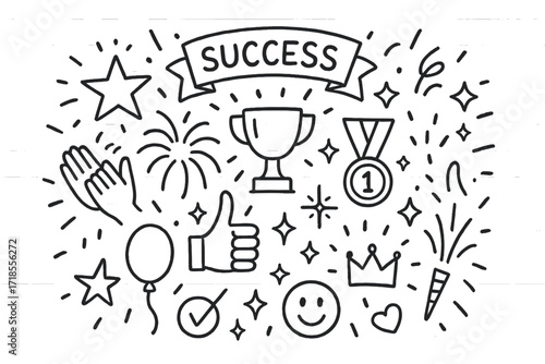 Success Doodle Icons. Hand-drawn doodle illustration Success confetti [confetti burst, star, trophy, medal, ribbon, thumbs up, sparkles, smiley face, crown,