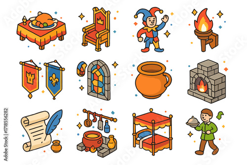 Medieval Castle Icons. Colorful isometric vector icons set of Medieval castle life: banquet table, royal throne, court jester, torch sconce, hanging