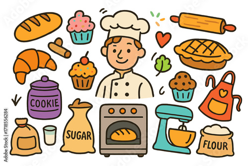 Playful Bakery Doodles. Colorful Hand-drawn doodle Children illustration Bakery shop bread loaf, cupcake, rolling pin, pie, croissant, smiling baker, oven,