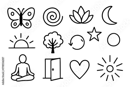 Symbols of Transformation. Transformation. Hand-drawn doodle illustration butterfly, spiral, lotus, star, moon, sunrise, tree, arrow circle, meditating figure,