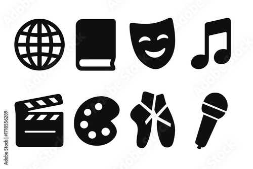 Cultural Icon Set. Solid, filled icon set of cultural influence: globe, book, theater mask, music note, film clapperboard, art palette, dance shoes,
