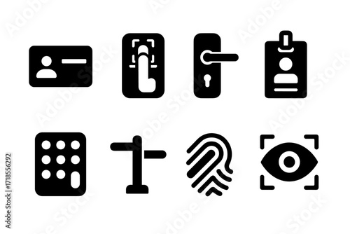 Access Control Icons. Solid, filled icon set of access control: keycard, biometric scanner, door lock, security badge, keypad, turnstile, fingerprint, retina