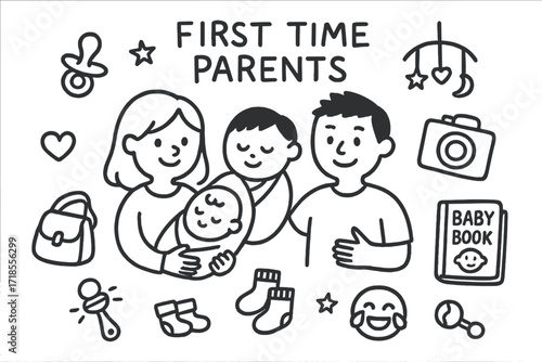 First-Time Parenthood Doodles. Hand-drawn doodle illustration First time parents [mom, dad, baby, blanket, pacifier, bottle, camera, baby book, diaper bag,