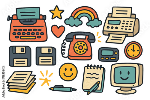 Retro Office Doodles. Colorful Hand-drawn doodle Children illustration Vintage Office Tech [typewriter, fax machine, floppy disk, rotary phone, pager, paper