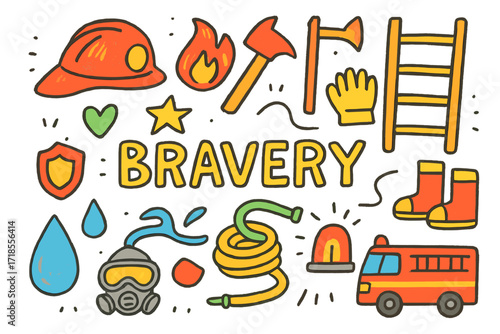 Firefighter Doodle Symbols. Bravery. Colorful Hand-drawn doodle Children illustration firefighter helmet, flame, axe, ladder, hose, star, heart, gloves, boots,