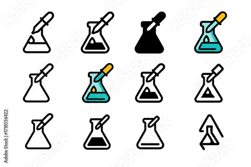 Flask Logo Variations. Set Logo of Flasks: Flask and pipette icon. Logo set in vector style, emblematic variations. line, bold thick line, solid black filled,