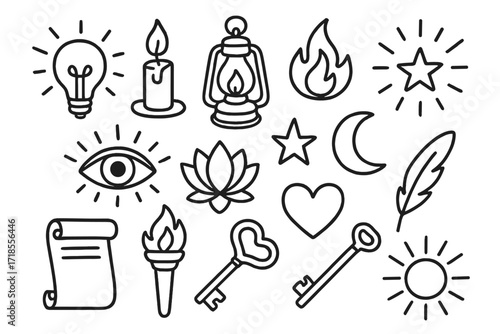 Symbolic Light Doodle. Hand-drawn doodle illustration symbolic illumination light bulb, candle, lantern, flame, lotus, open eye, star, moon, sun, scroll,
