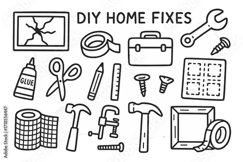DIY Repair Tools. Hand-drawn doodle illustration DIY home fixes broken screen, tape roll, wrench, toolbox, scissors, glue tube, pencil, ruler, patch sheet,