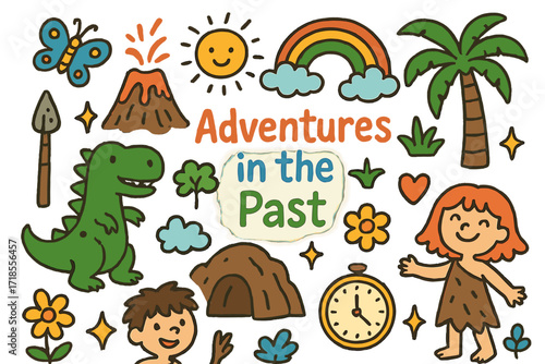 Dinosaur Adventure Doodles. Colorful Hand-drawn doodle Children illustration Adventures in the Past dinosaur, volcano, cave, spear, palm tree, rainbow, sun,