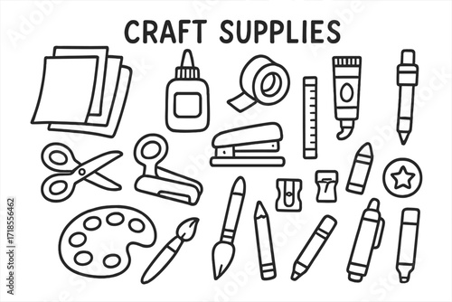 Craft Supplies Doodle. Hand-drawn doodle illustration Craft supplies for posters [colored paper, glue bottle, tape roll, scissors, stapler, hole punch, ruler,