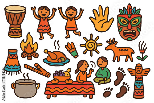 Tribal Tradition Celebration. Colorful Hand-drawn doodle Children illustration Origin of traditions drum, dancing figures, fire pit, tribal mask, flute,