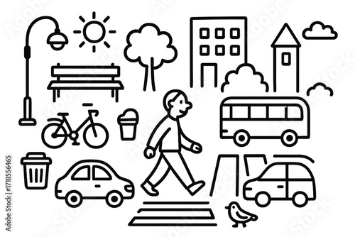 Urban Doodle Adventure. Hand-drawn doodle illustration Walking through the city [streetlight, bench, tree, person walking, crosswalk, car, bicycle, bus, tall
