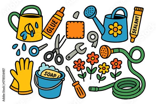 Fixing Watering Cans. Colorful Hand-drawn doodle Children illustration Repairing watering cans watering can, leaky spout, glue, sealant tube, patch, tape,