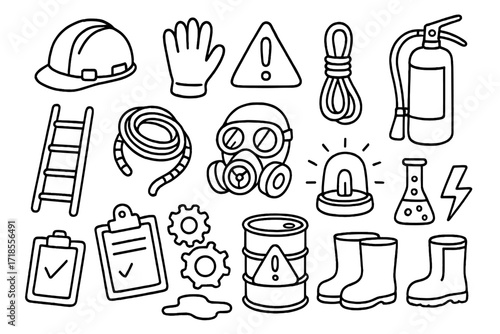 Industrial Safety Icons. Hand-drawn doodle illustration Industrial accident safety helmet, gloves, boots, warning triangle, fire extinguisher, ladder, rope,