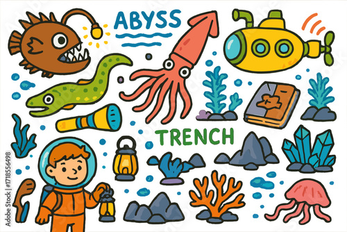 Deep Sea Adventure. Colorful Hand-drawn doodle Children illustration Deep Sea Wonders anglerfish, squid, abyss, submarine, sonar, flashlight, eel, trench,
