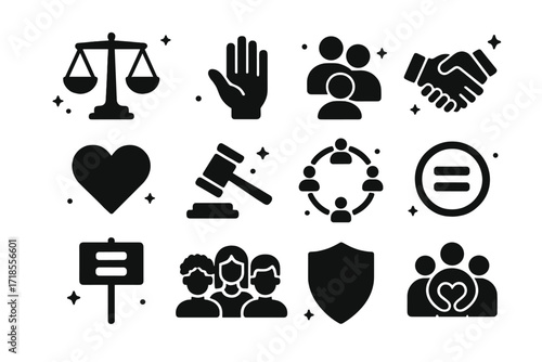 Fairness Icons Grid. Fairness. Solid icons set of balanced scale, open hand, group of people, handshake, heart, justice hammer, inclusive circle, equality