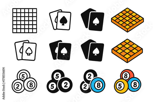 Game Icon Collection. Icon Set of Games and Fun: Chessboard, Playing cards, Bingo balls. Icons set in vector style, emblematic variations. Chessboard line,